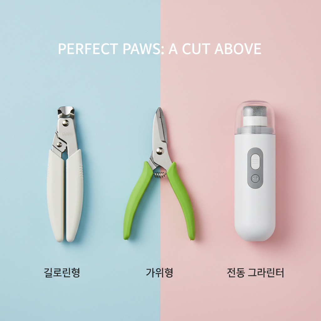 길로틴형, 가위형, 전동 그라인더 등 다양한 형태의 강아지 전용 발톱 관리 도구들이 파스텔 톤의 깔끔한 배경 위에 나란히 놓여 있는 비교 이미지.